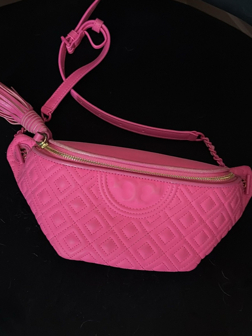 Tory Burch Hot Pink Quilted Crossbody Belt Bag with Tassel
